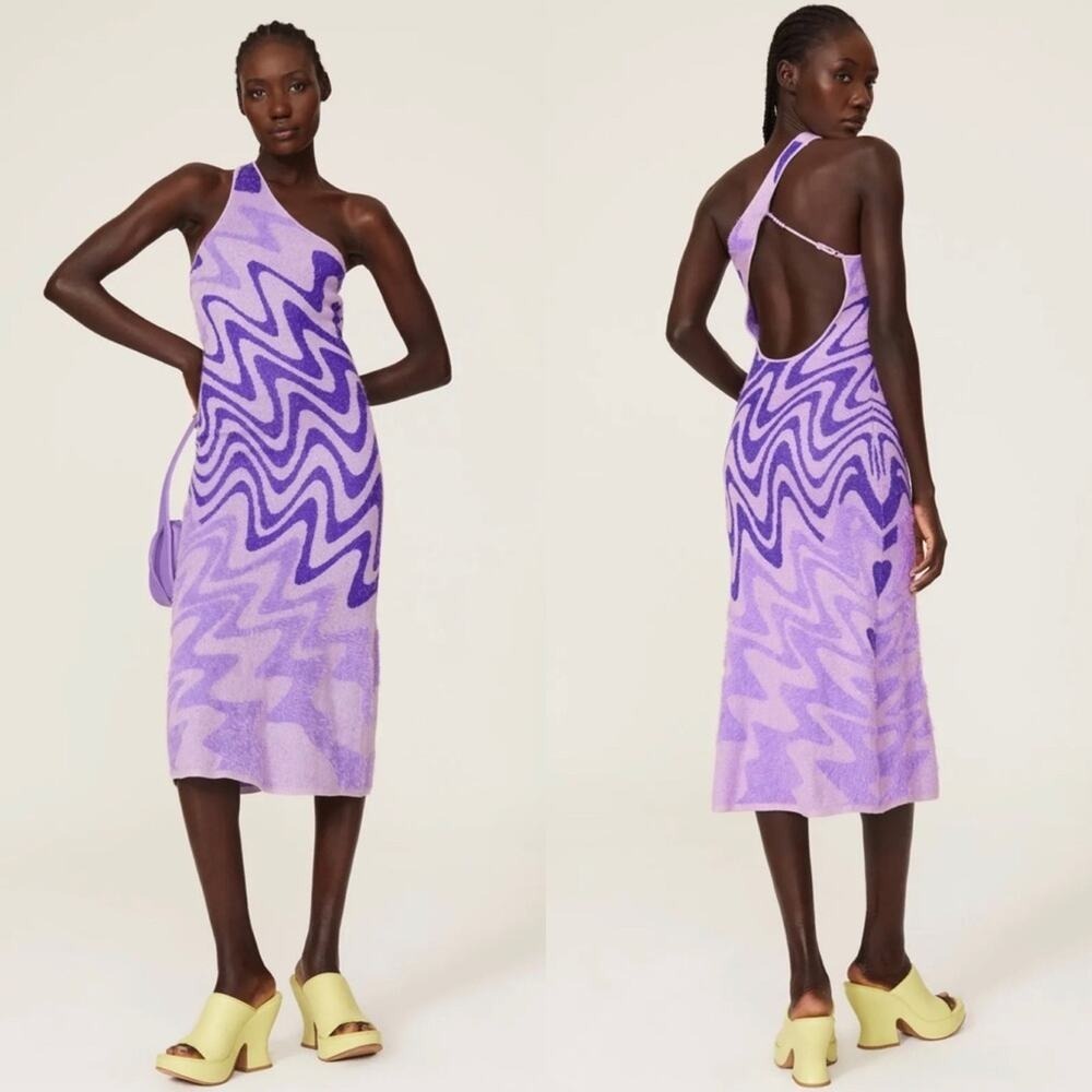 House of Sunny Wannabe Hockney Lilac‎ Swirl Midi Dress One Shoulder Size 6 NWT